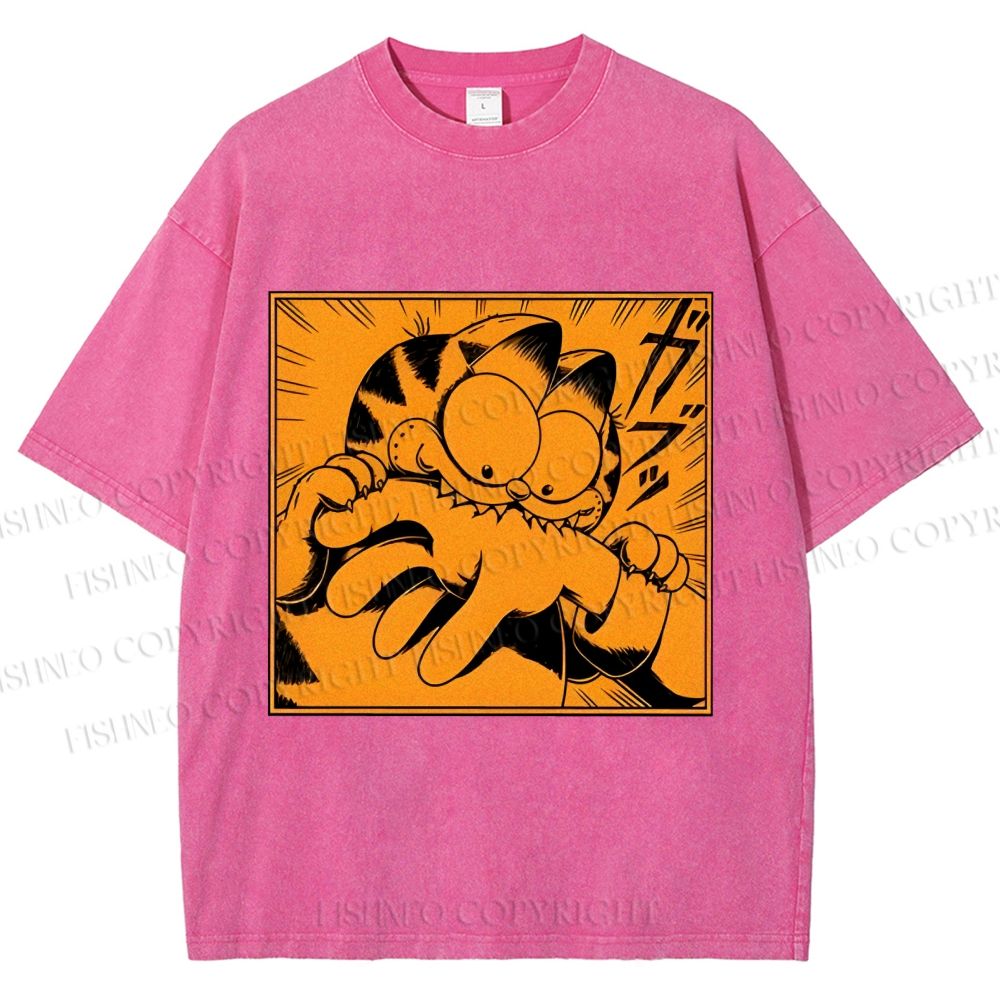 Unisex Garfield Cat Japanese Comic Printed Washed Tee