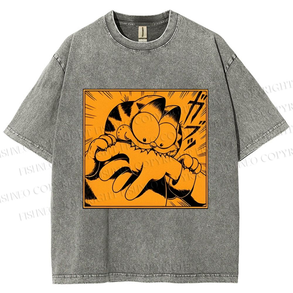 Unisex Garfield Cat Japanese Comic Printed Washed Tee