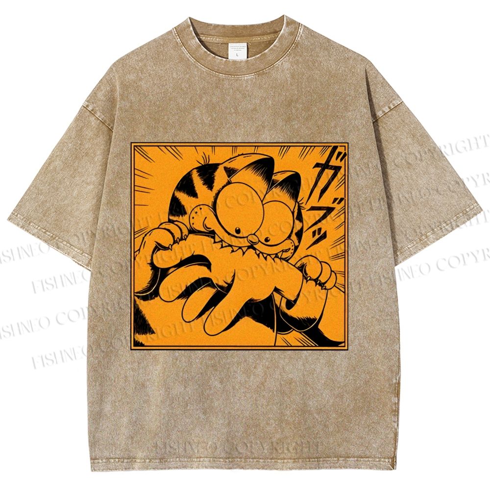 Unisex Garfield Cat Japanese Comic Printed Washed Tee