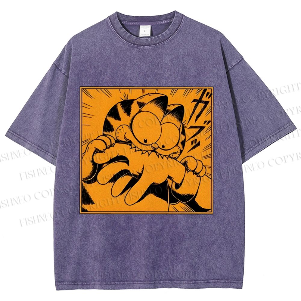 Unisex Garfield Cat Japanese Comic Printed Washed Tee