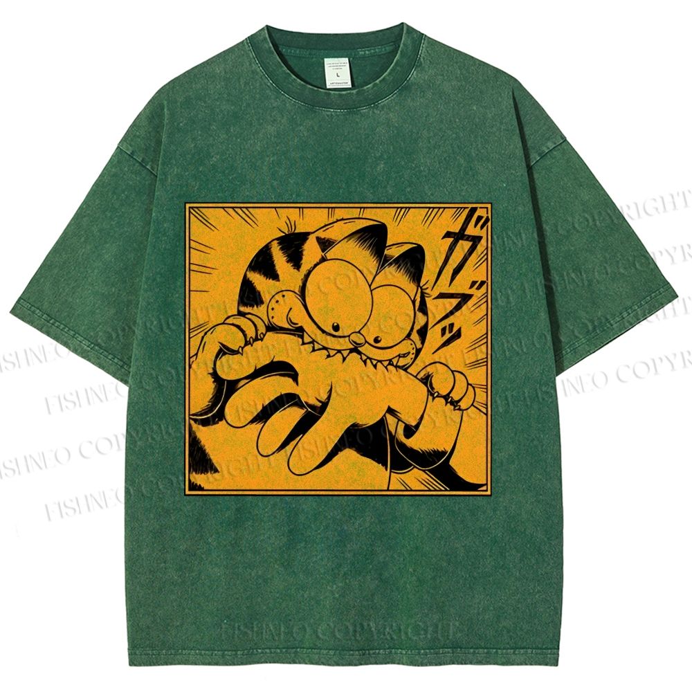 Unisex Garfield Cat Japanese Comic Printed Washed Tee