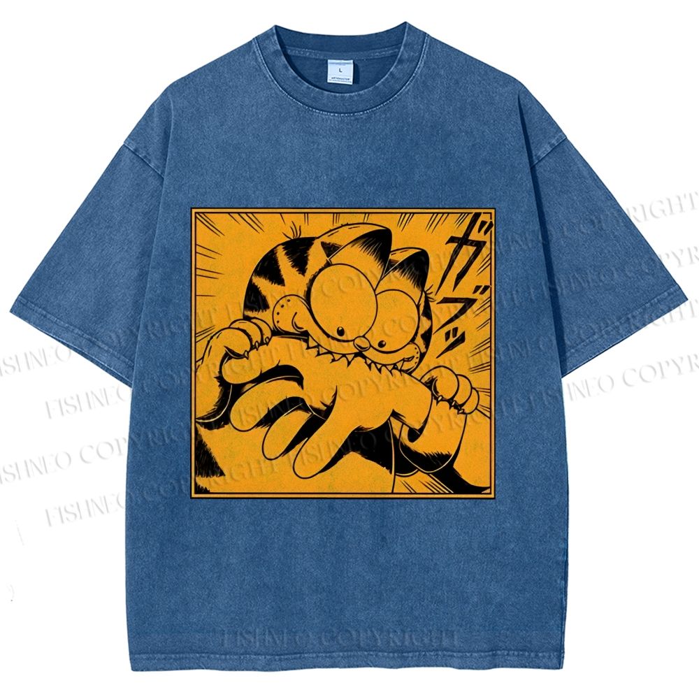 Unisex Garfield Cat Japanese Comic Printed Washed Tee