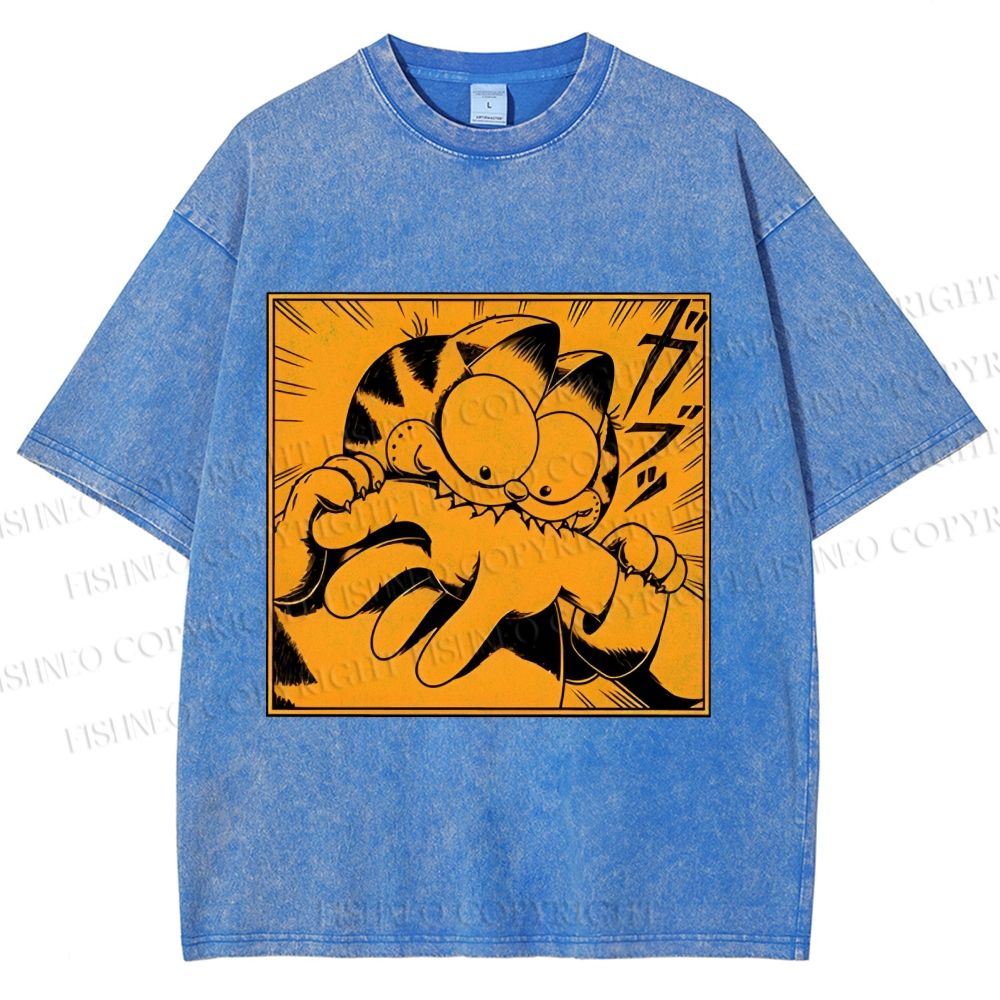 Unisex Garfield Cat Japanese Comic Printed Washed Tee