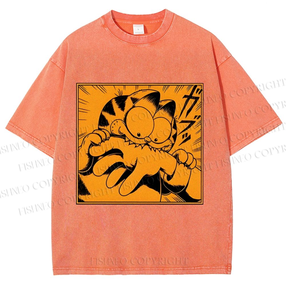 Unisex Garfield Cat Japanese Comic Printed Washed Tee