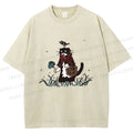 Unisex Cat Bird In Grass Printed Washed Tee