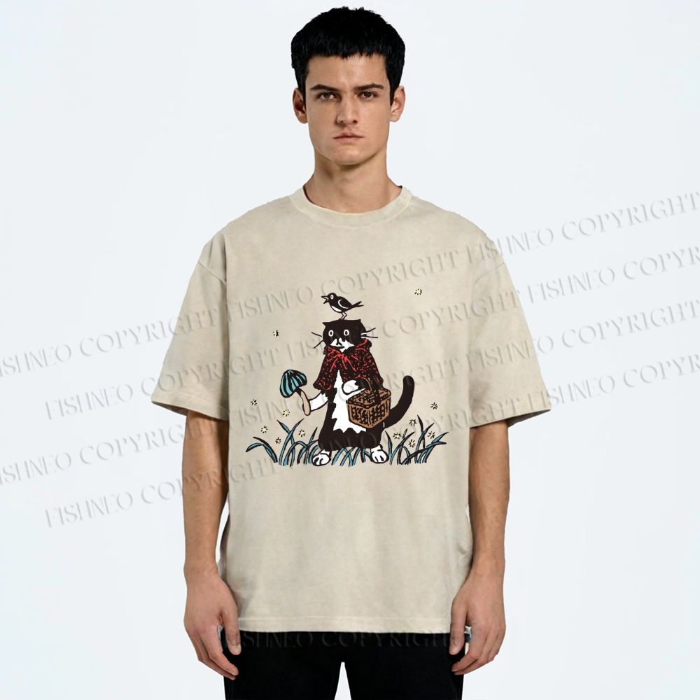 Unisex Cat Bird In Grass Printed Washed Tee