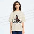 Unisex Cat Bird In Grass Printed Washed Tee