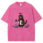 Unisex Cat Bird In Grass Printed Washed Tee