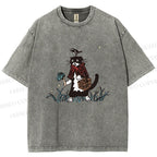Unisex Cat Bird In Grass Printed Washed Tee