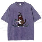 Unisex Cat Bird In Grass Printed Washed Tee