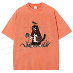 Unisex Cat Bird In Grass Printed Washed Tee