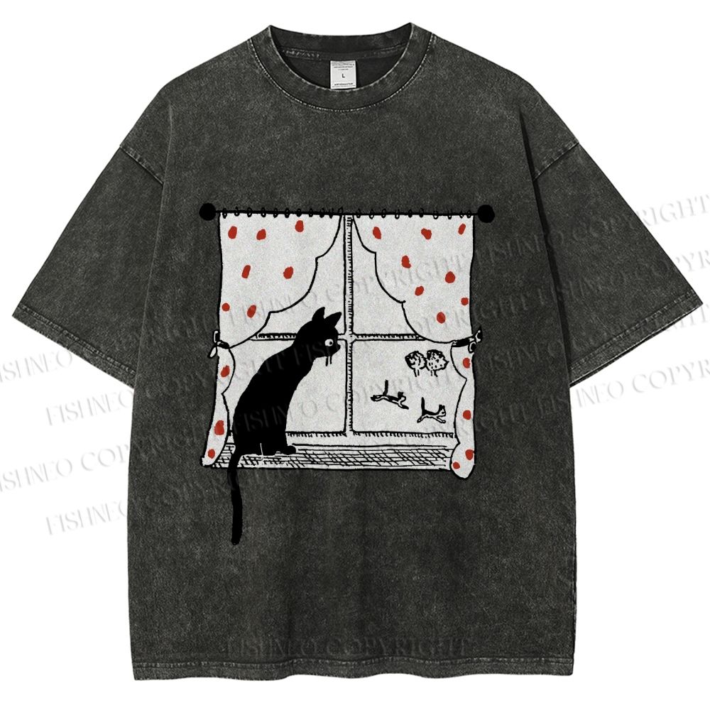 Unisex Cute Cat Window Printed Washed Tee