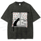 Unisex Cute Cat Window Printed Washed Tee
