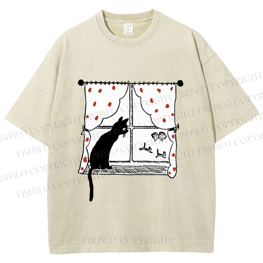 Unisex Cute Cat Window Printed Washed Tee
