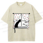 Unisex Cute Cat Window Printed Washed Tee