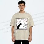 Unisex Cute Cat Window Printed Washed Tee