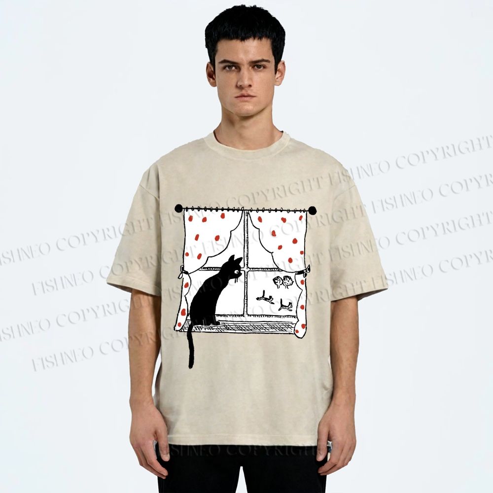 Unisex Cute Cat Window Printed Washed Tee