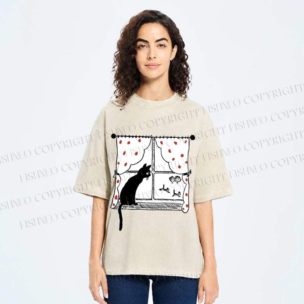 Unisex Cute Cat Window Printed Washed Tee