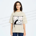 Unisex Cute Cat Window Printed Washed Tee