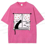 Unisex Cute Cat Window Printed Washed Tee