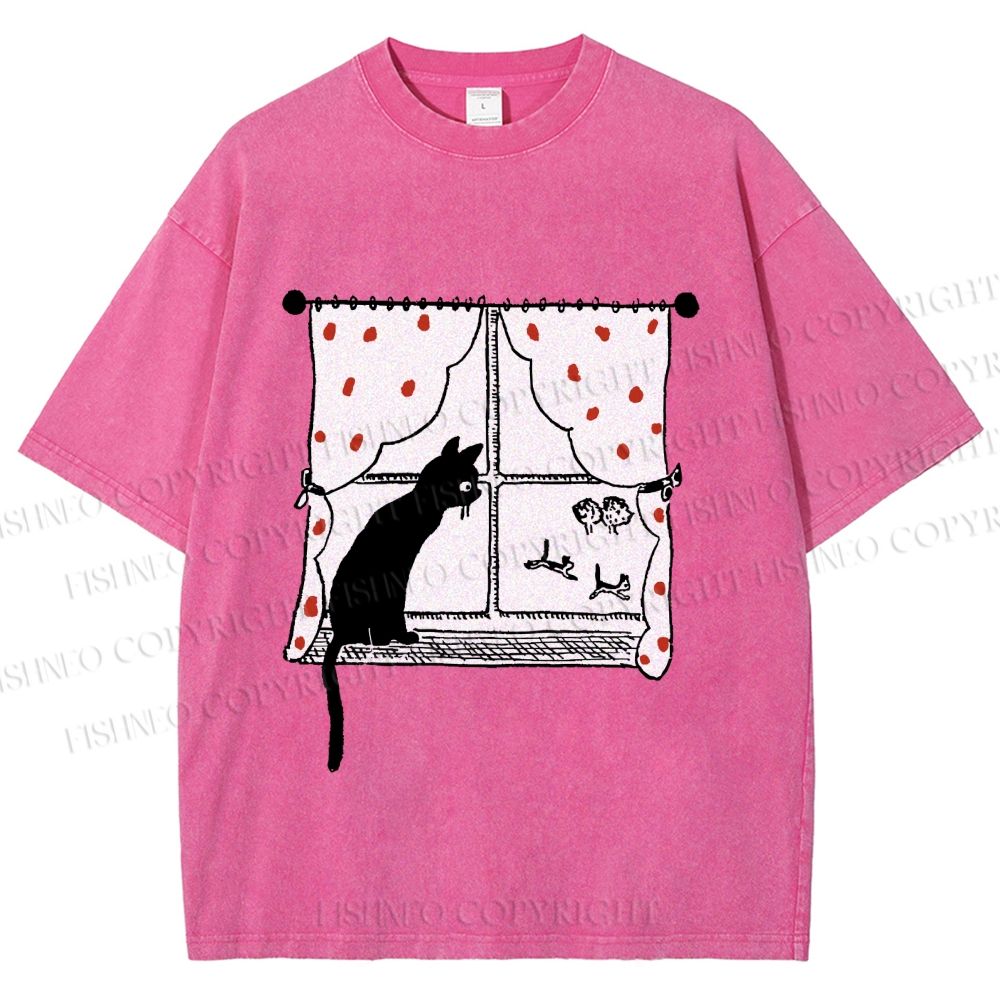 Unisex Cute Cat Window Printed Washed Tee