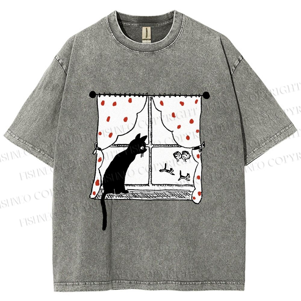 Unisex Cute Cat Window Printed Washed Tee