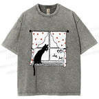 Unisex Cute Cat Window Printed Washed Tee