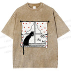 Unisex Cute Cat Window Printed Washed Tee
