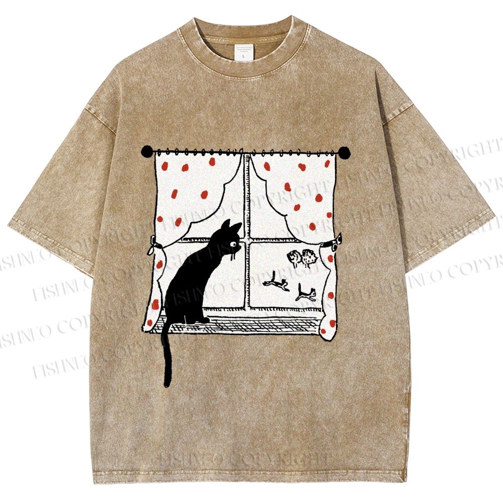 Unisex Cute Cat Window Printed Washed Tee