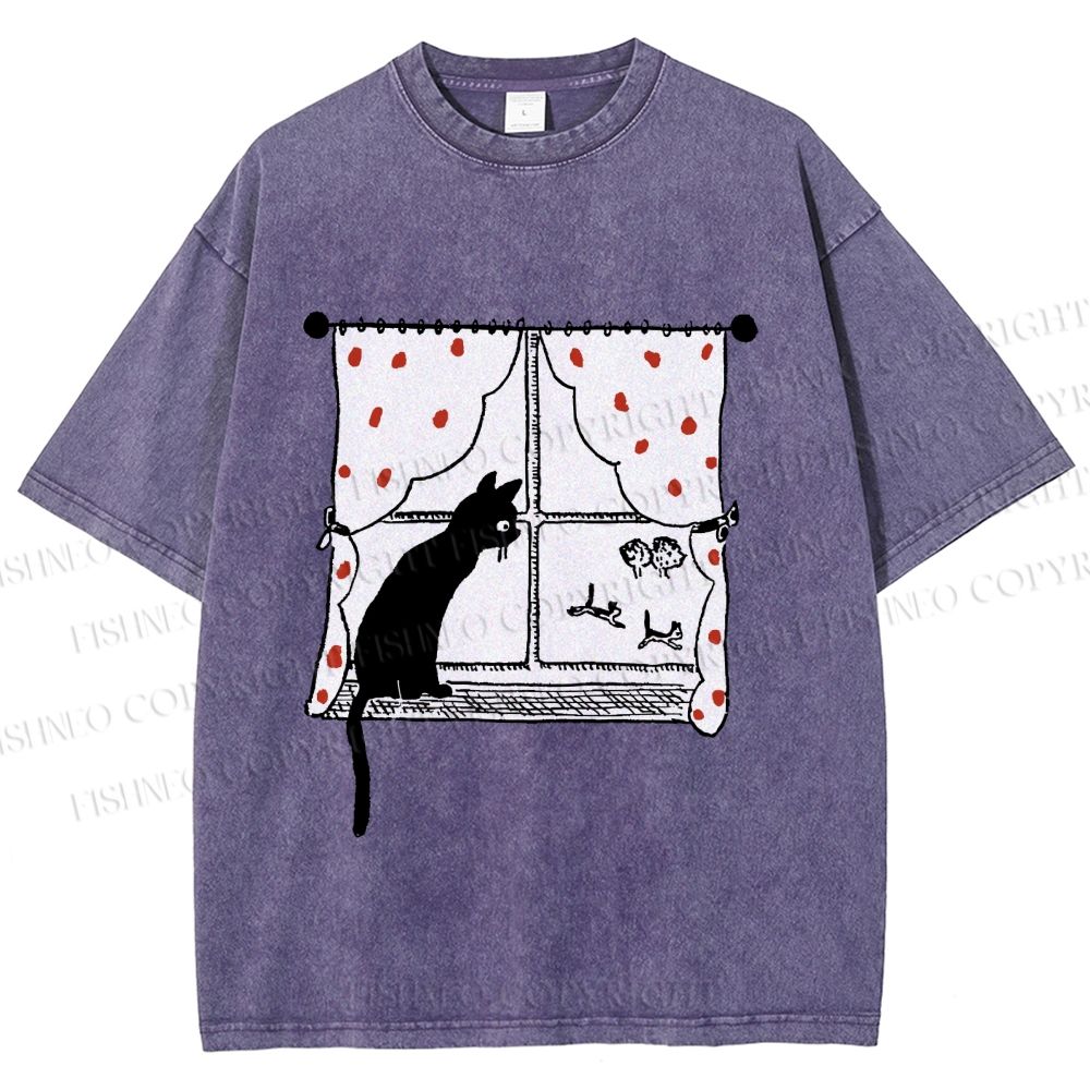 Unisex Cute Cat Window Printed Washed Tee