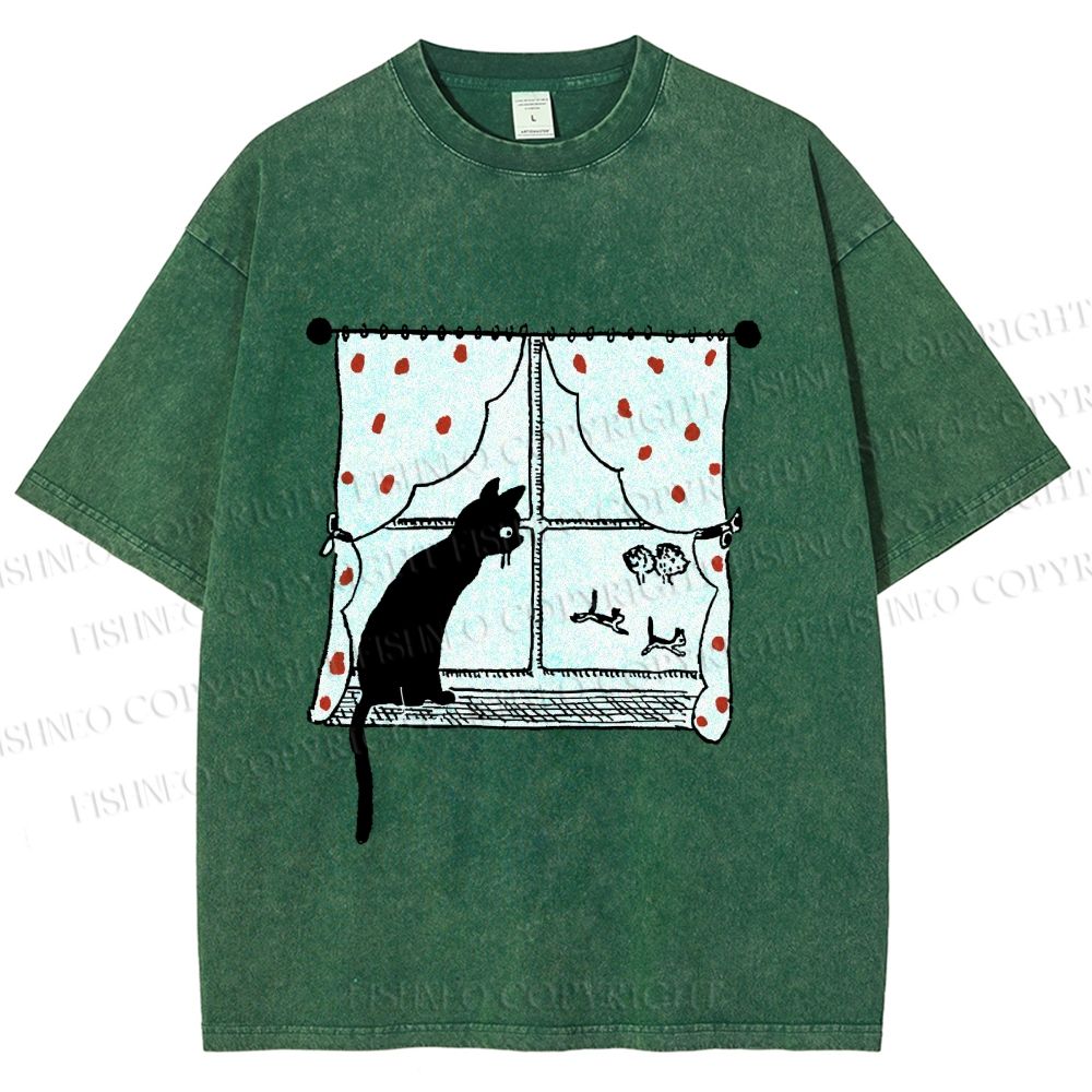 Unisex Cute Cat Window Printed Washed Tee