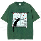 Unisex Cute Cat Window Printed Washed Tee