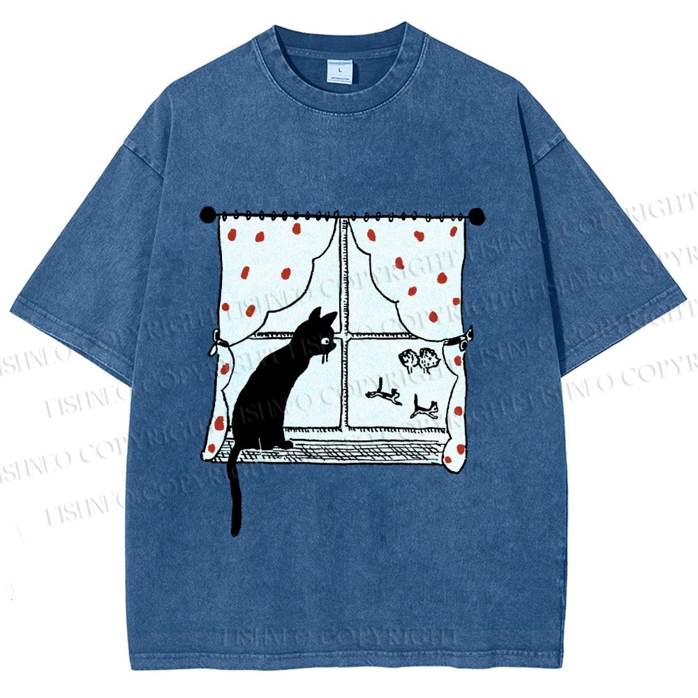 Unisex Cute Cat Window Printed Washed Tee
