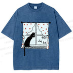 Unisex Cute Cat Window Printed Washed Tee
