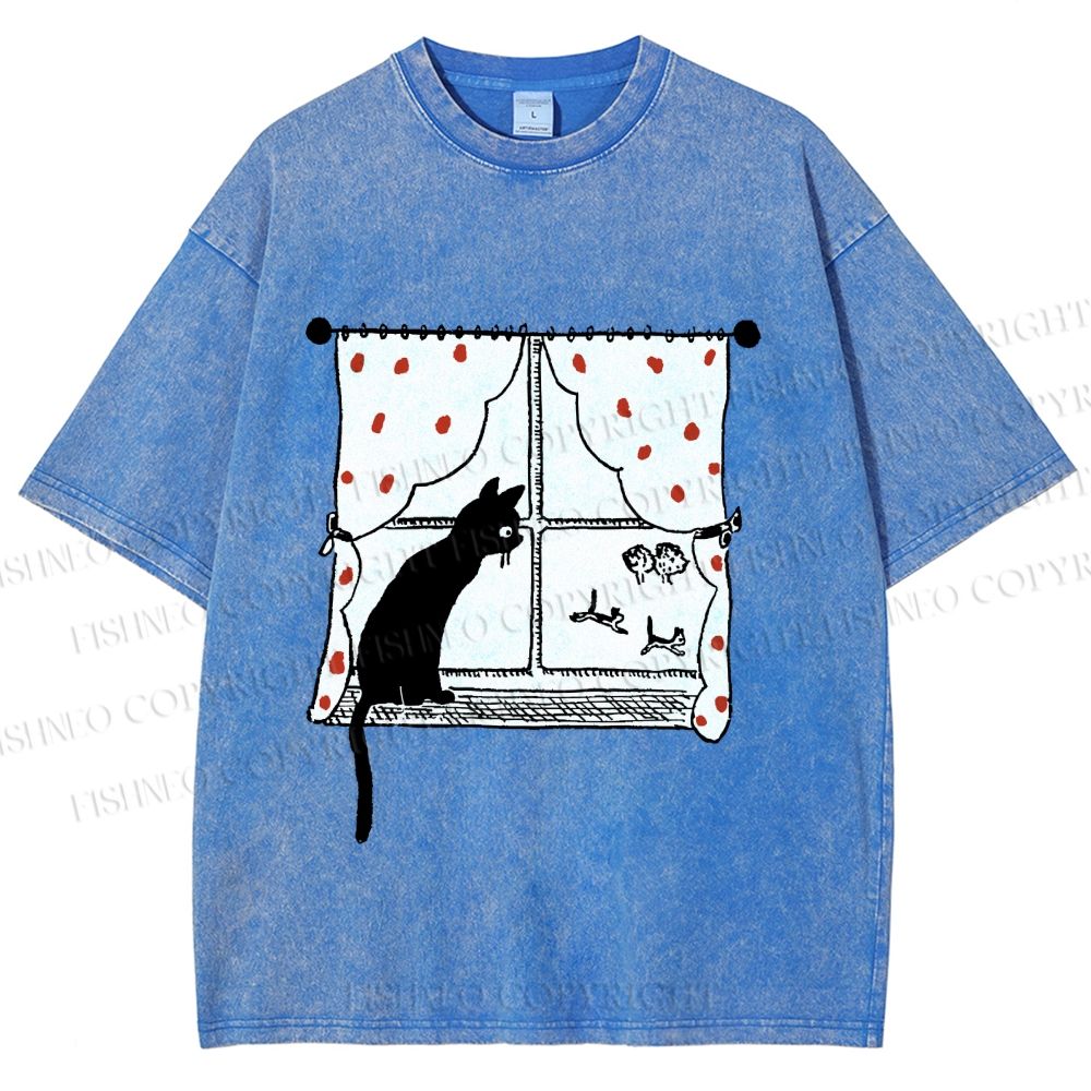 Unisex Cute Cat Window Printed Washed Tee