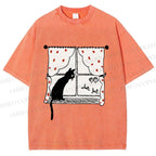 Unisex Cute Cat Window Printed Washed Tee