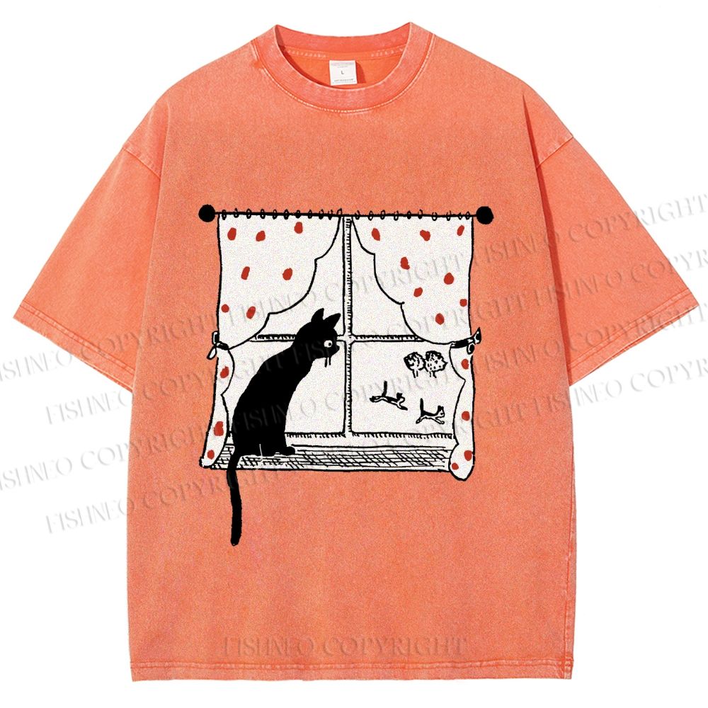 Unisex Cute Cat Window Printed Washed Tee