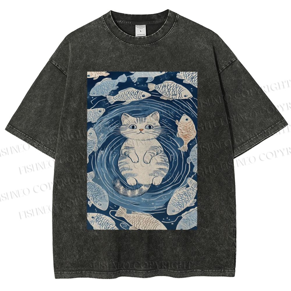 Unisex Japanese Style Koi Fish Cat Printed Washed Tee
