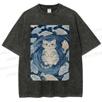 Unisex Japanese Style Koi Fish Cat Printed Washed Tee