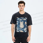 Unisex Japanese Style Koi Fish Cat Printed Washed Tee