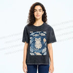 Unisex Japanese Style Koi Fish Cat Printed Washed Tee