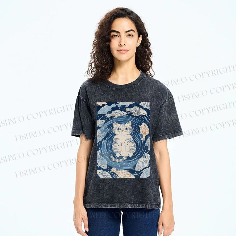 Unisex Japanese Style Koi Fish Cat Printed Washed Tee