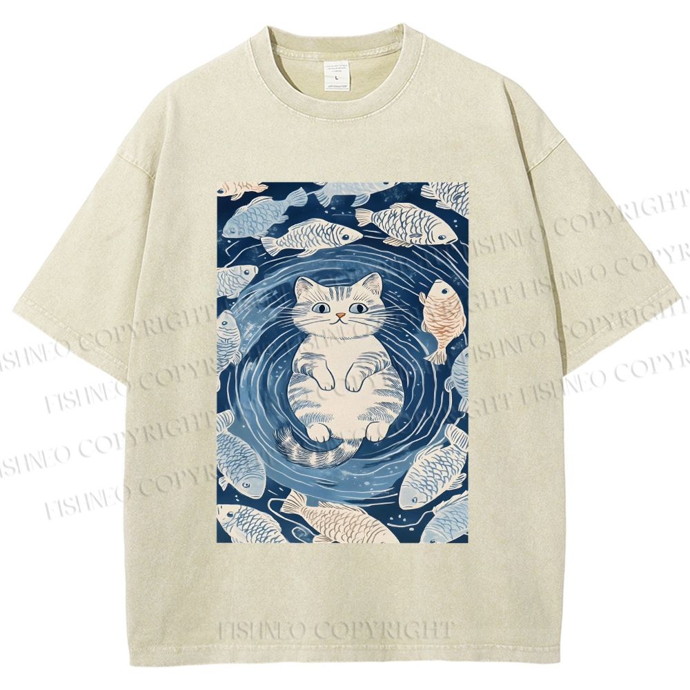 Unisex Japanese Style Koi Fish Cat Printed Washed Tee