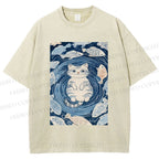 Unisex Japanese Style Koi Fish Cat Printed Washed Tee