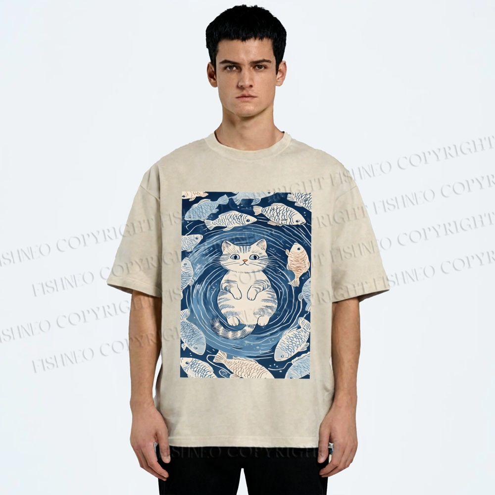 Unisex Japanese Style Koi Fish Cat Printed Washed Tee