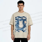 Unisex Japanese Style Koi Fish Cat Printed Washed Tee