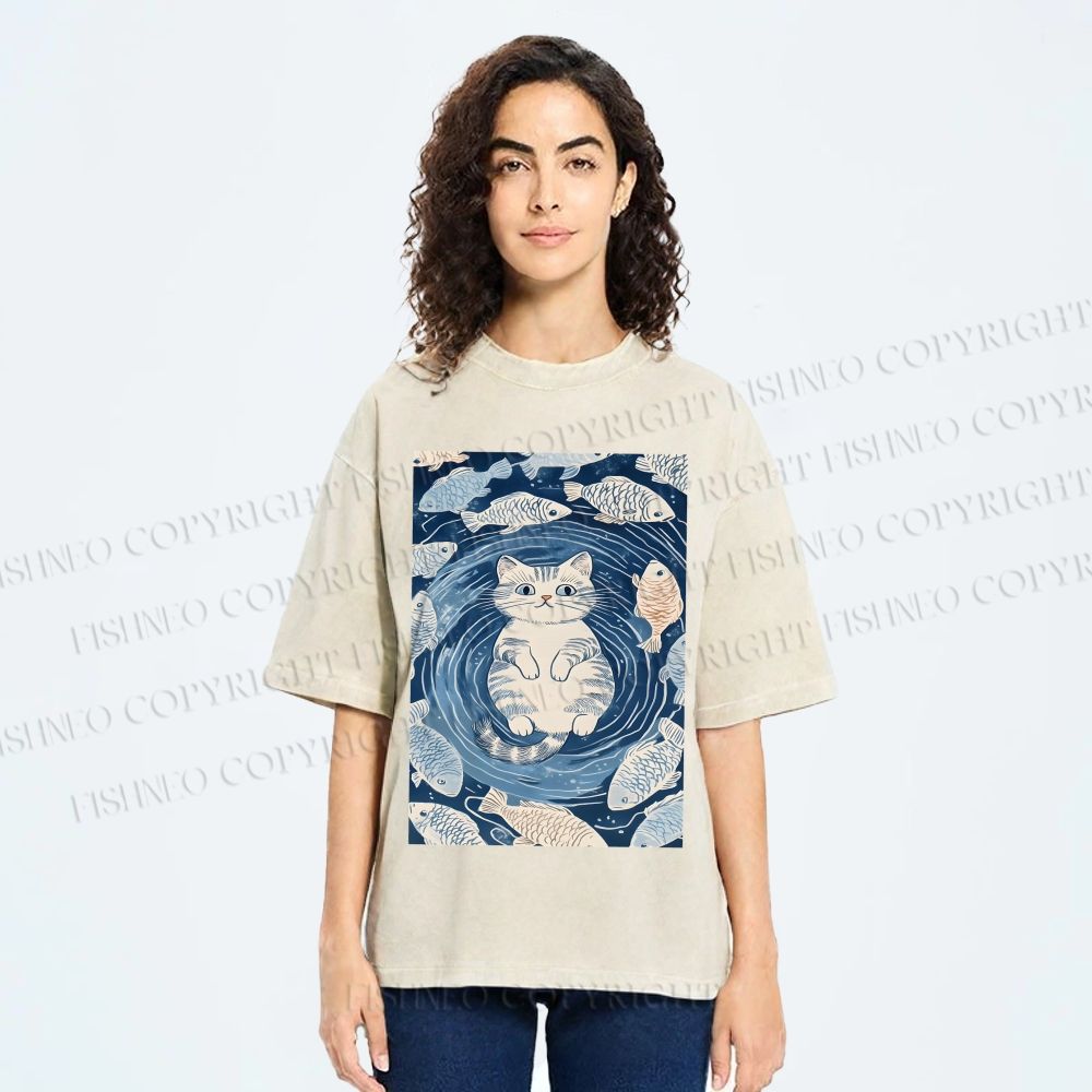 Unisex Japanese Style Koi Fish Cat Printed Washed Tee