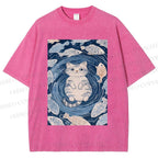 Unisex Japanese Style Koi Fish Cat Printed Washed Tee