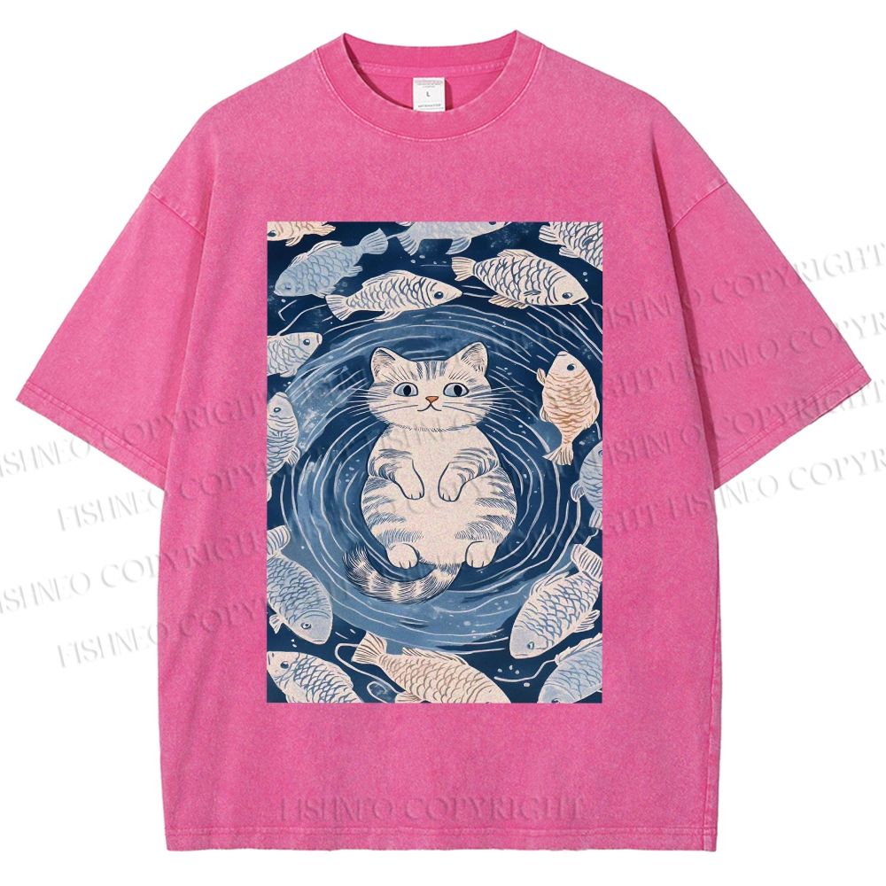 Unisex Japanese Style Koi Fish Cat Printed Washed Tee