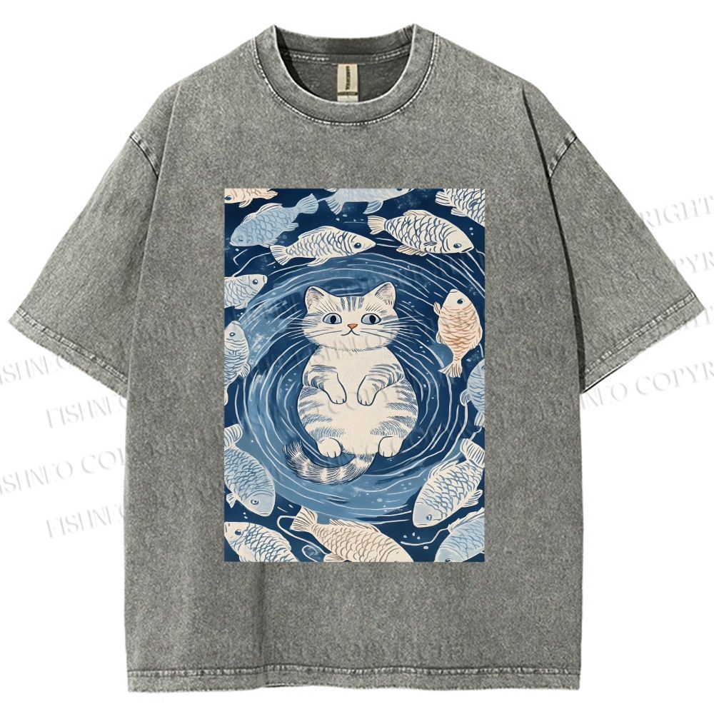 Unisex Japanese Style Koi Fish Cat Printed Washed Tee